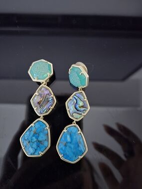 Gold Triple-Drop Clip On Earrings with Turquoise & Abalone - Blue